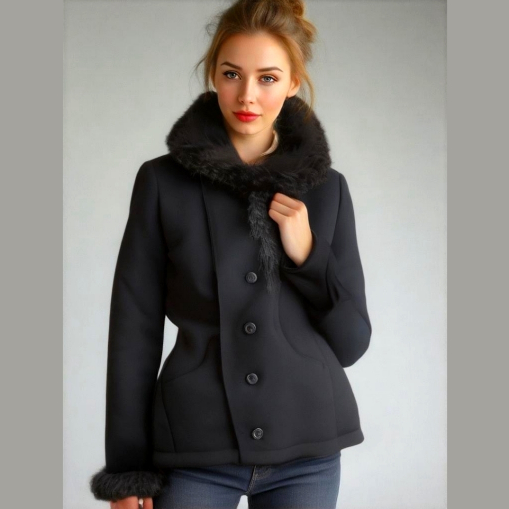 Liz Claiborne Black Faux Fur Buttom up Sweater Jacket